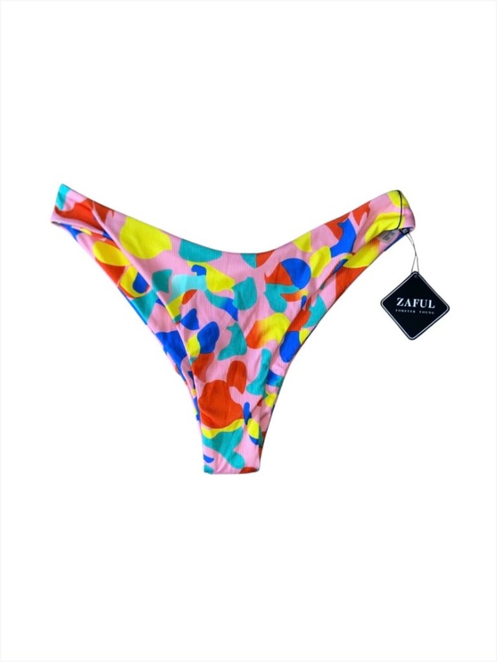 Zaful Women's Multicolor Abstract Print Ribbed High Cut Bikini Bottoms, L